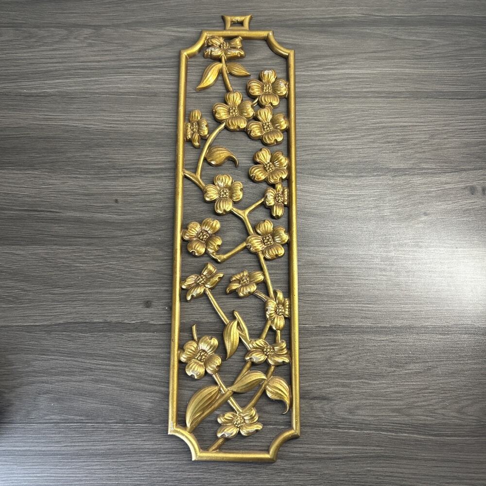 Vintage Sexton Dogwood Flowers Gold Metal Wall Plaque Floral Decor USA 19”